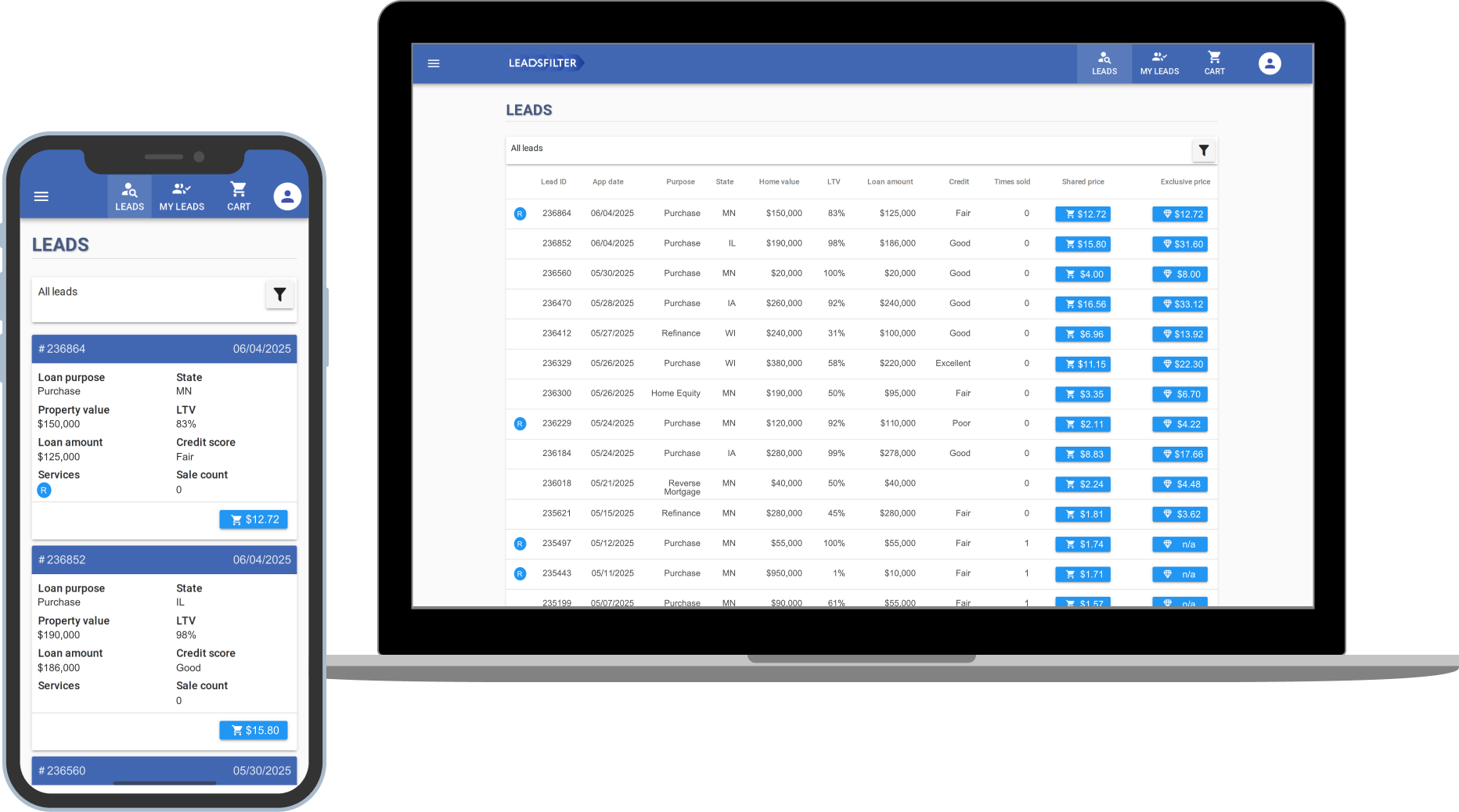 mobile and desktop view of leads filter shop